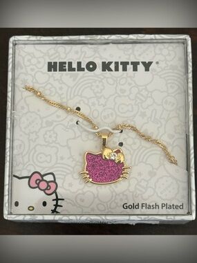 Hello Kitty Gold-Tone Pink Glitter Face Pendant Necklace